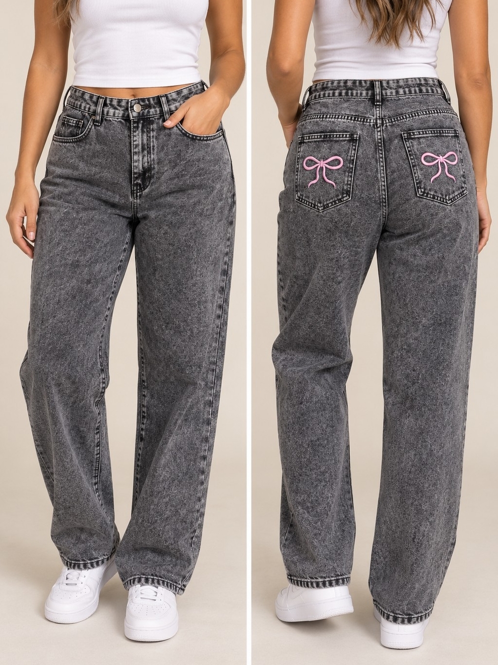 Nova Blue Gray Acid Wash Jeans Women’s XL High Rise Straight Leg Pink Bow